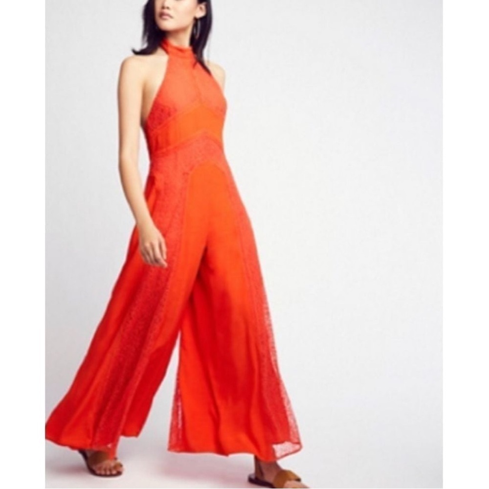 Free People sweet talkin red orange lace Jumpsuit size small - Picture 1 of 8